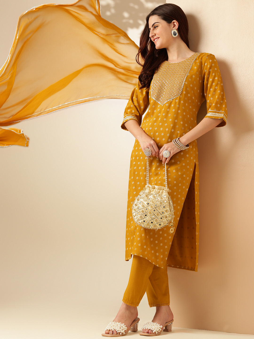 Embroidered Golden Yellow Silk Kurta Sets for Women