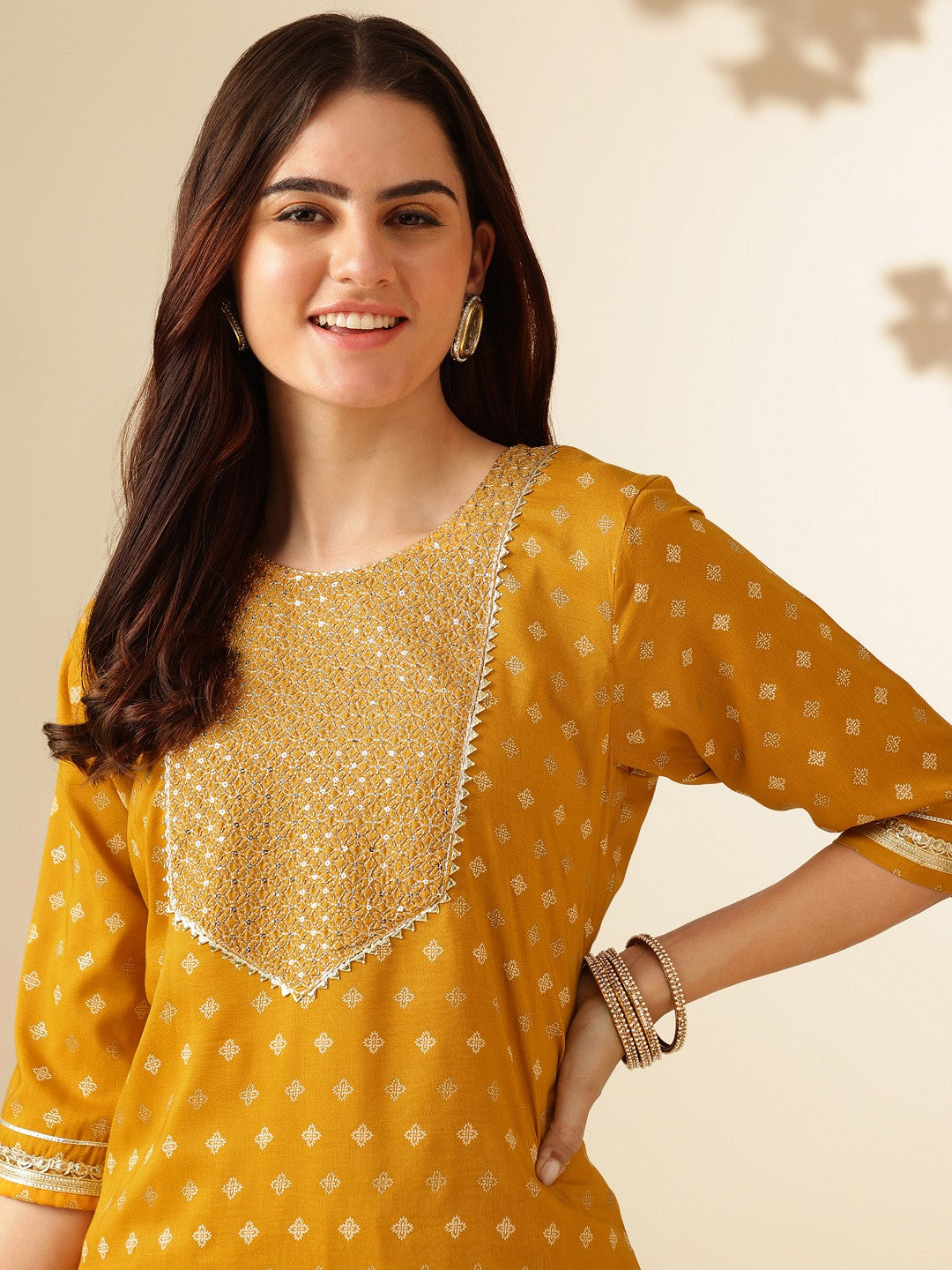 Embroidered Golden Yellow Silk Kurta Sets for Women