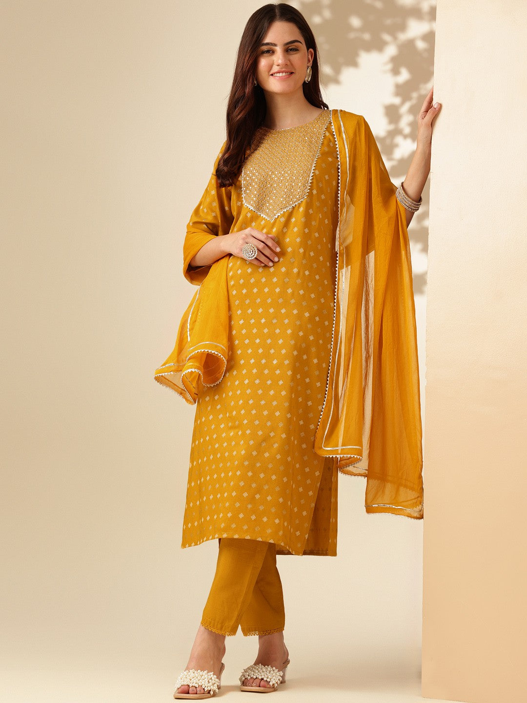 Embroidered Golden Yellow Silk Kurta Sets for Women