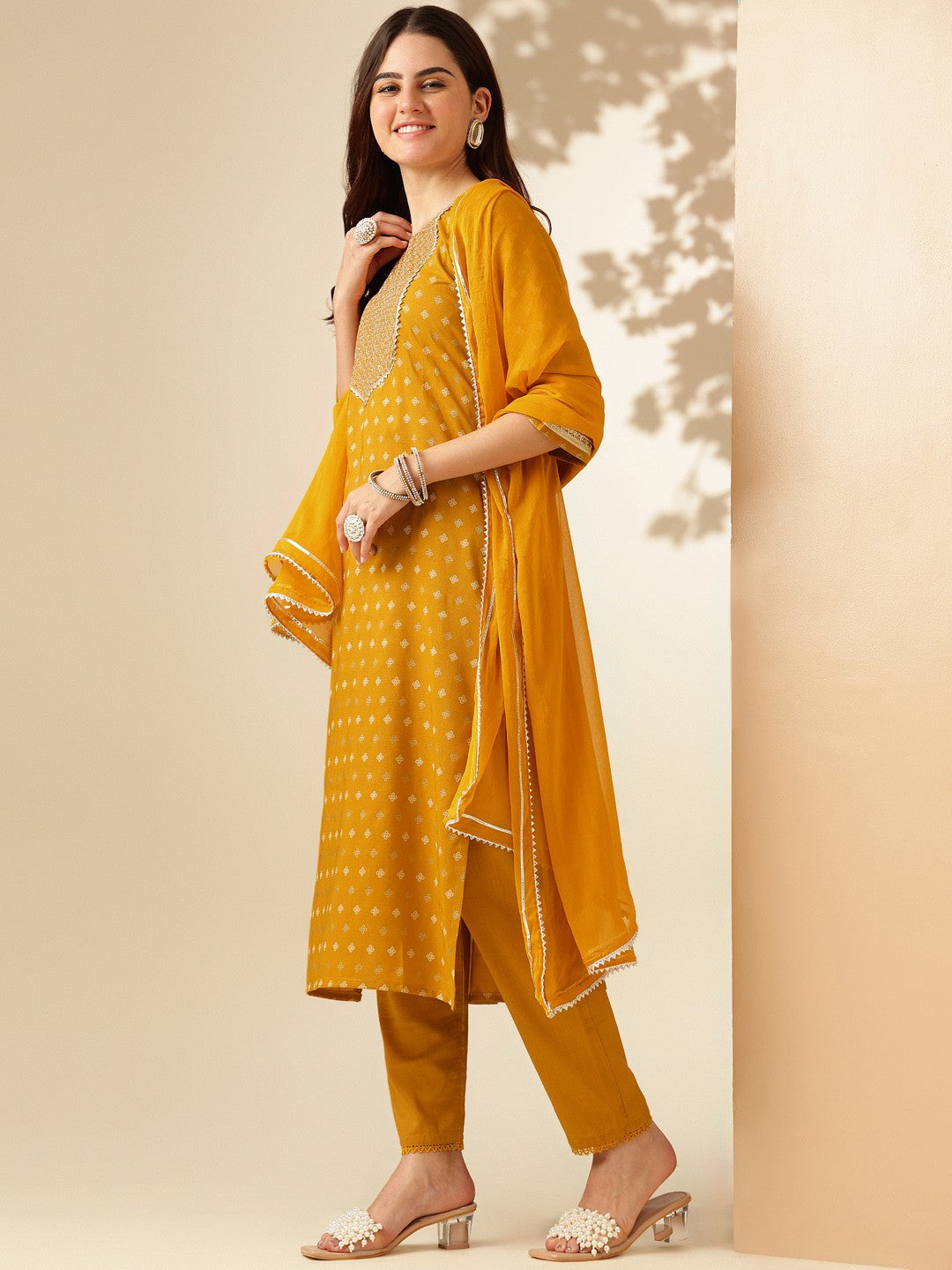 Embroidered Golden Yellow Silk Kurta Sets for Women