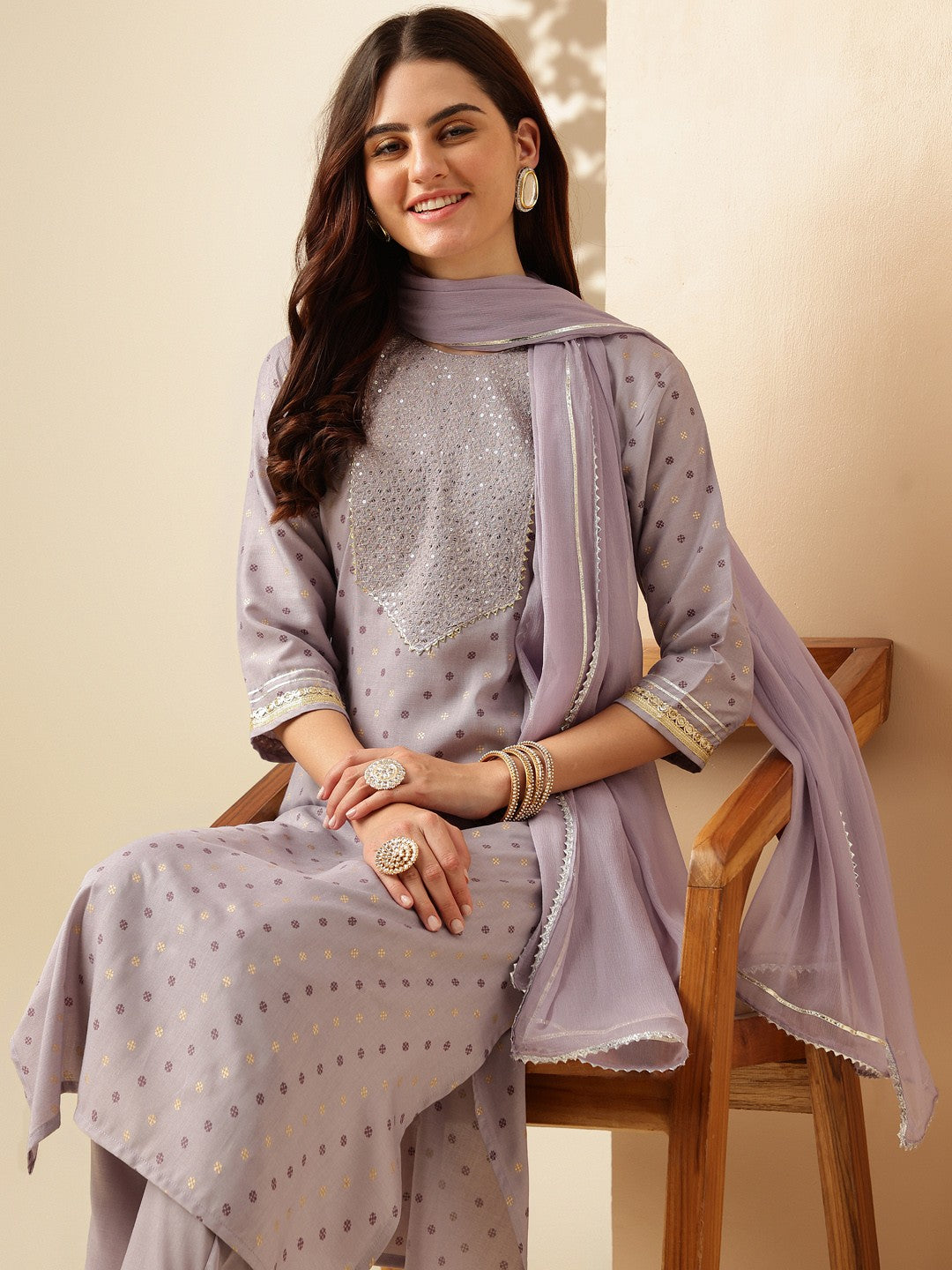 Embroidered Lavender Silk Kurti Pant Set with Dupatta for Women