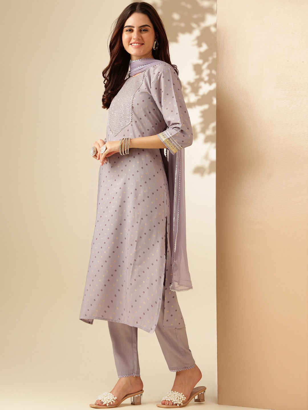 Embroidered Lavender Silk Kurti Pant Set with Dupatta for Women