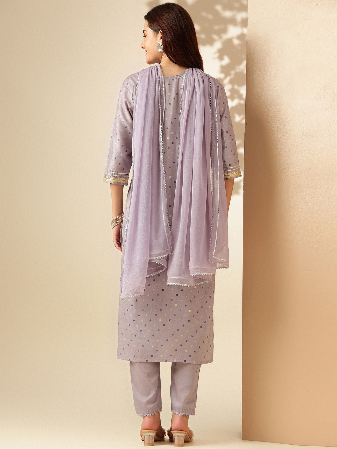 Embroidered Lavender Silk Kurti Pant Set with Dupatta for Women