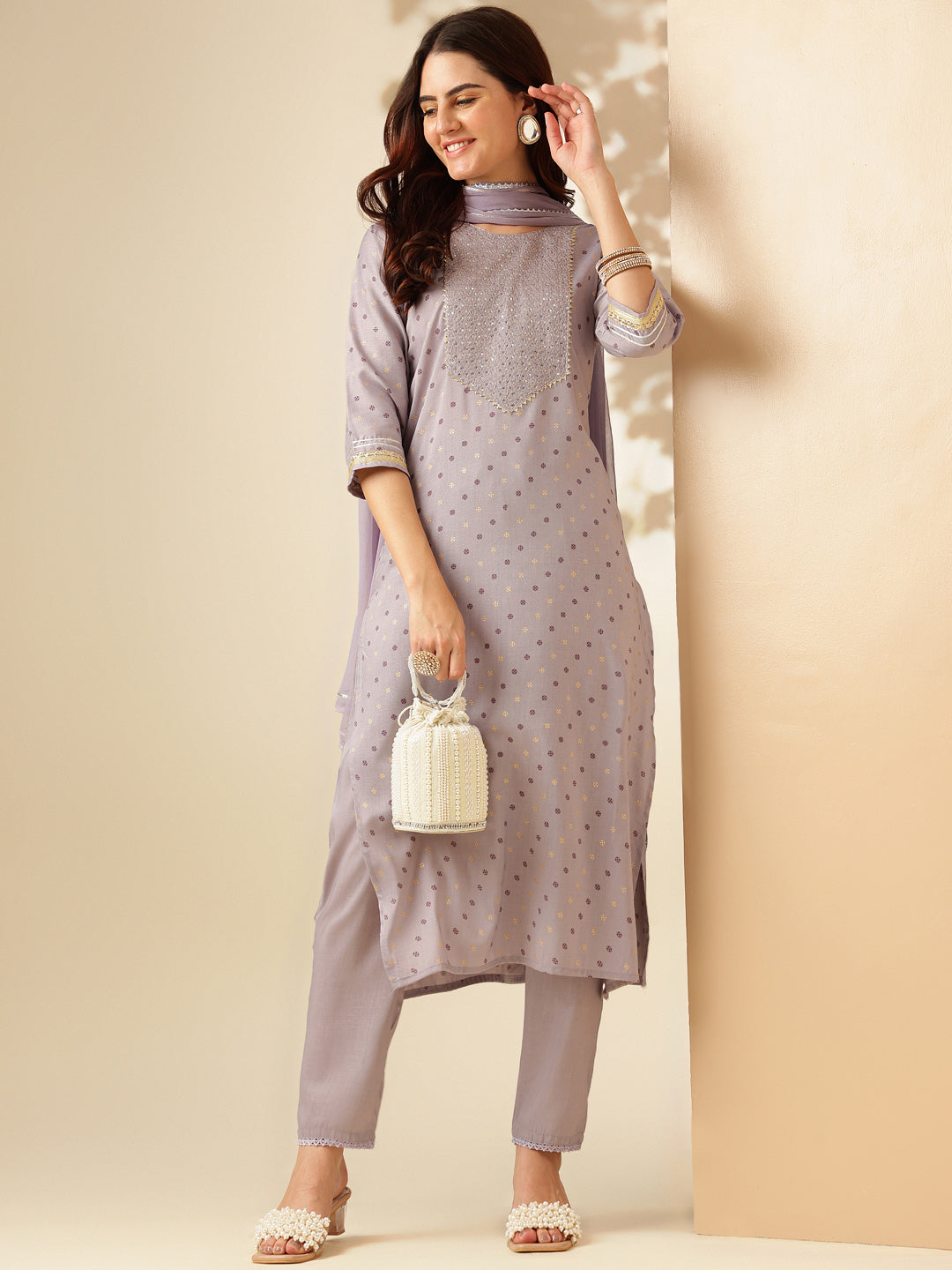 Embroidered Lavender Silk Kurti Pant Set with Dupatta for Women