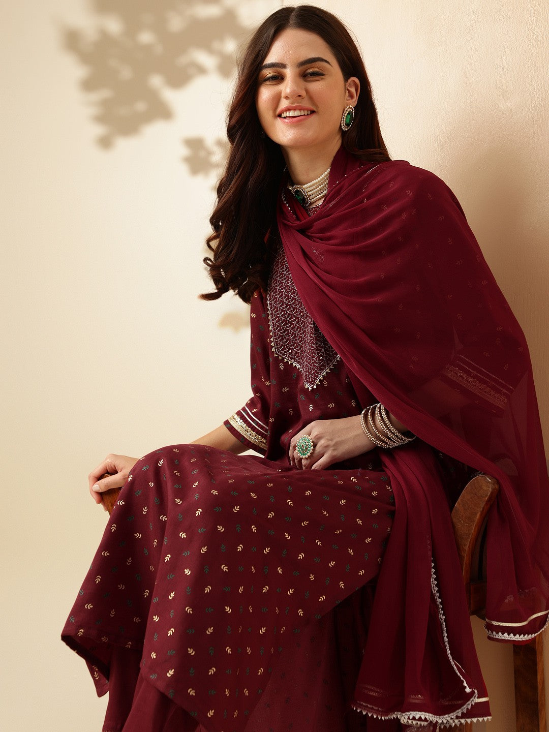 Embroidered Maroon Silk Kurta Sets for Women