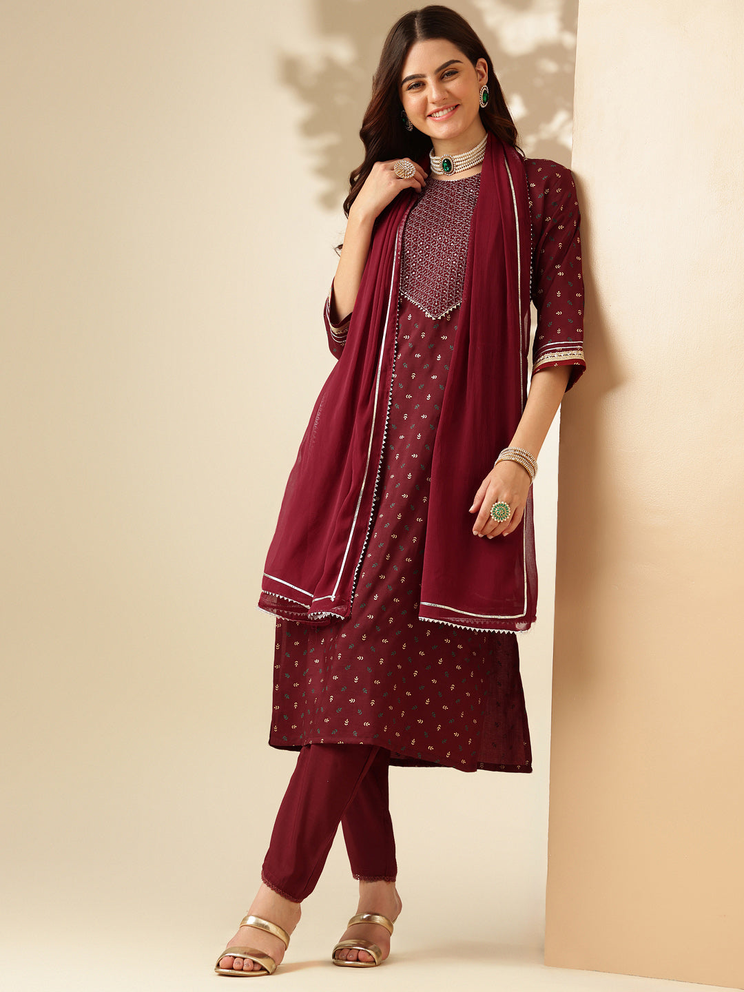 Embroidered Maroon Silk Kurta Sets for Women