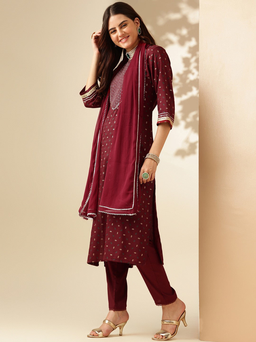 Embroidered Maroon Silk Kurta Sets for Women