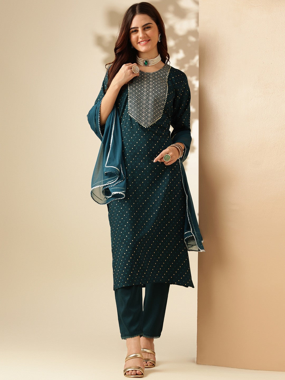 Embroidered Morpichh Blue Silk Kurti Pant Set with Dupatta for Women