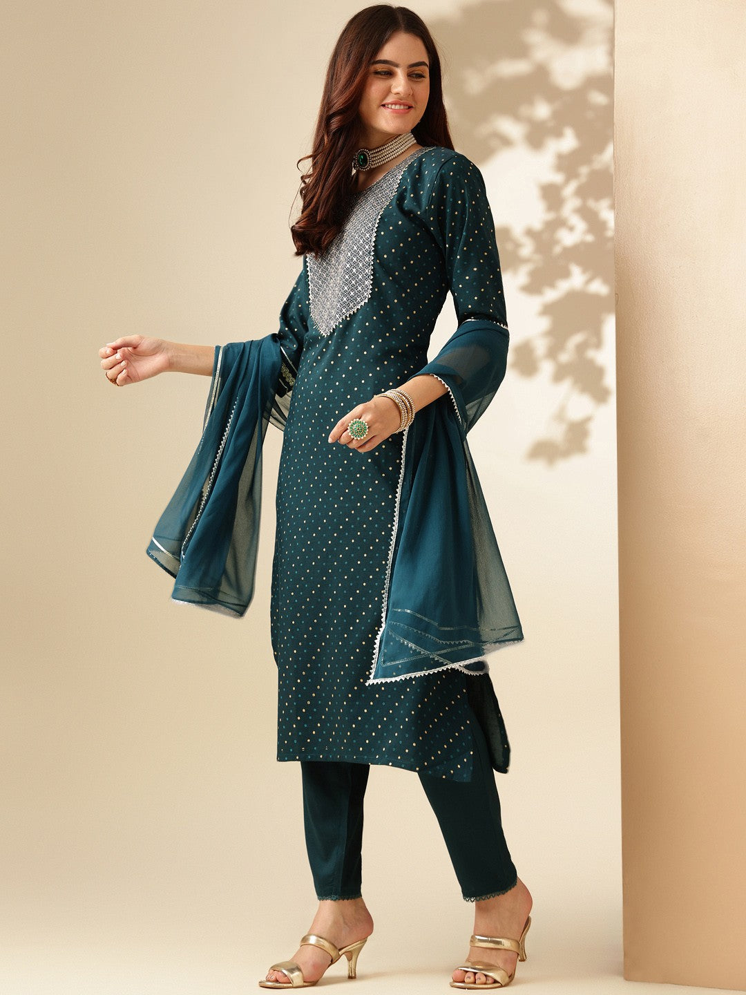 Embroidered Morpichh Blue Silk Kurti Pant Set with Dupatta for Women