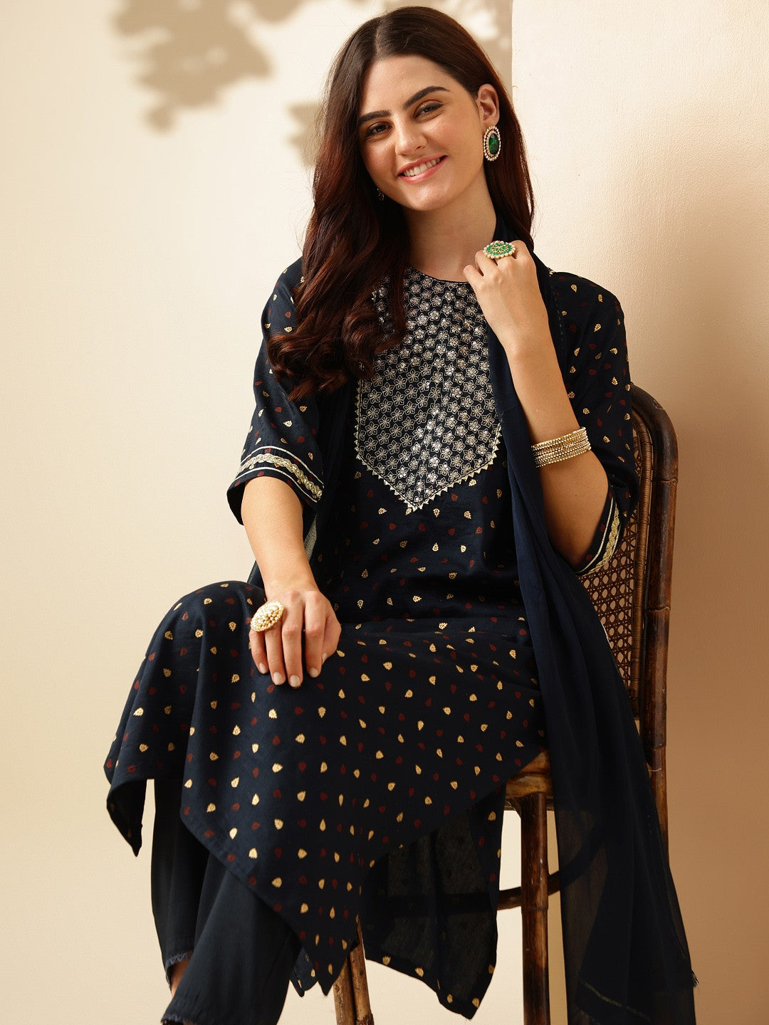 Embroidered Navy Blue Silk Kurta Sets for Women