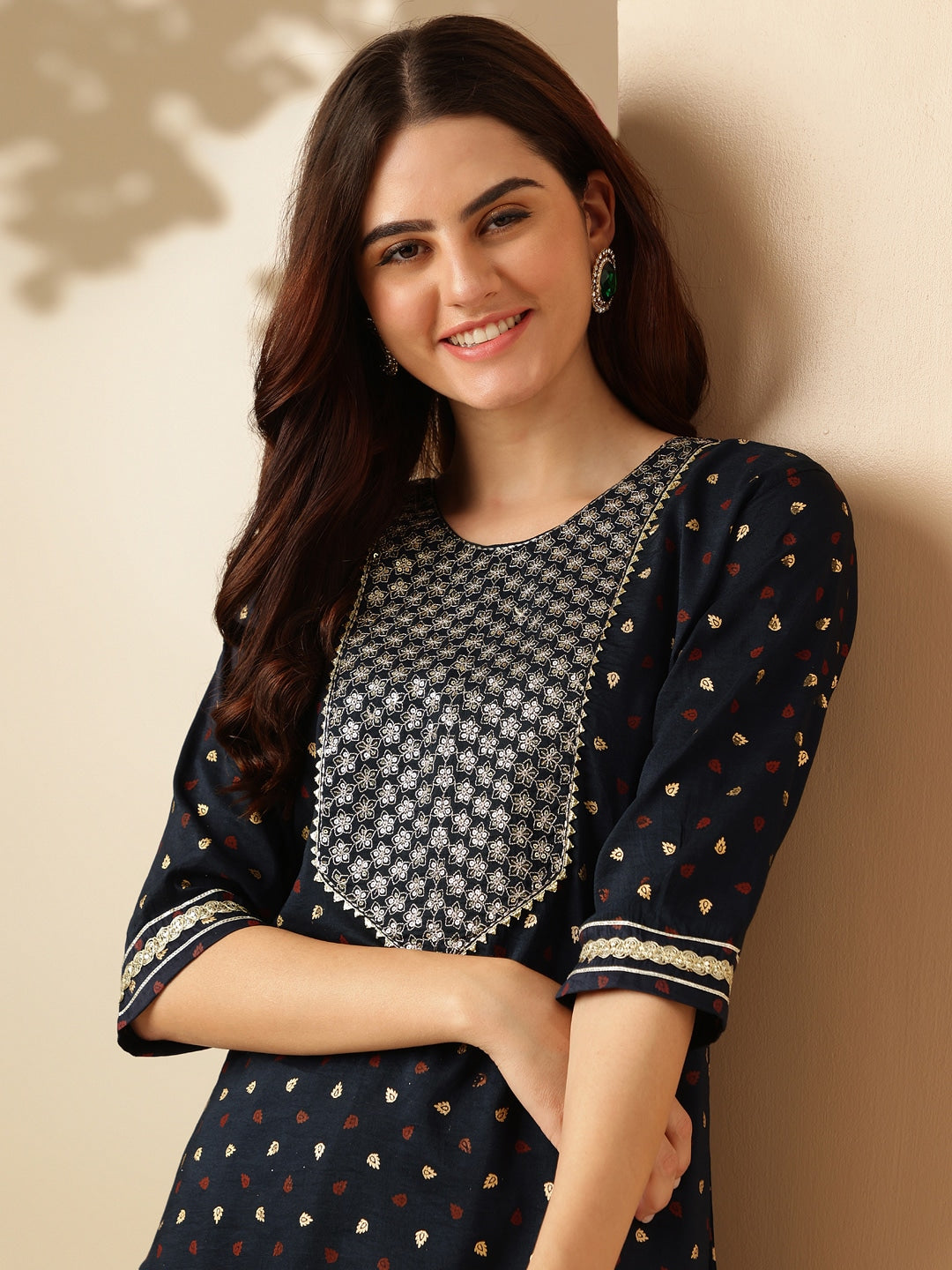 Embroidered Navy Blue Silk Kurta Sets for Women