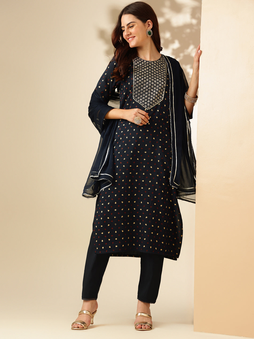 Embroidered Navy Blue Silk Kurta Sets for Women