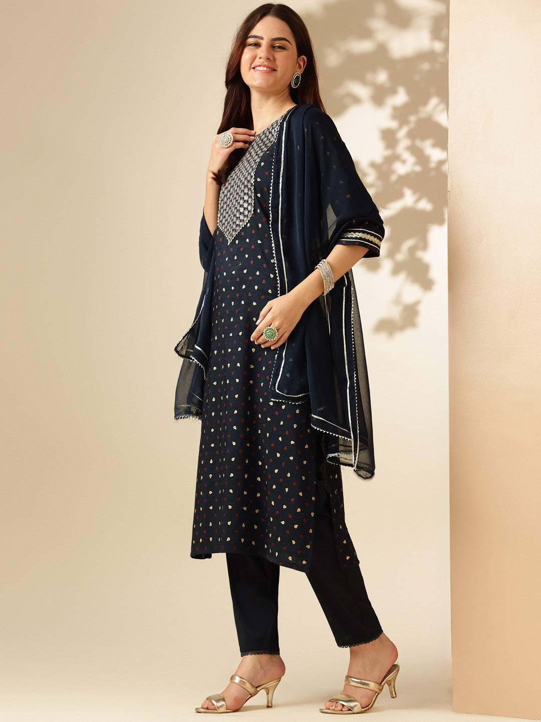 Embroidered Navy Blue Silk Kurta Sets for Women