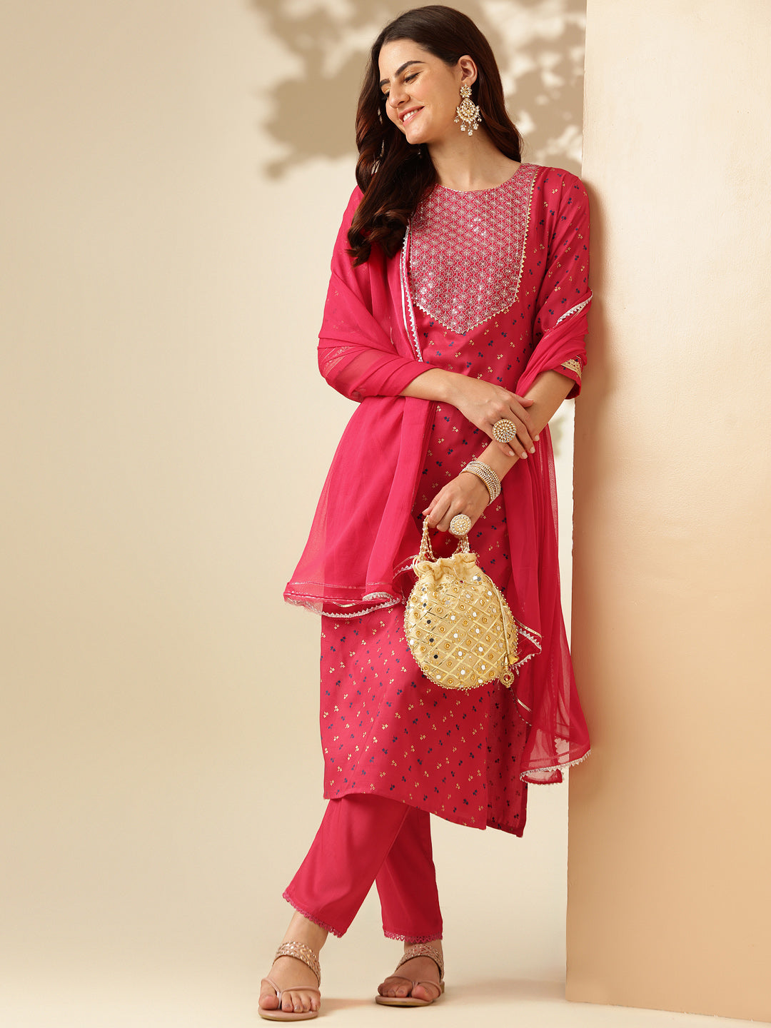 Embroidered Pink Silk Kurta Sets for Women