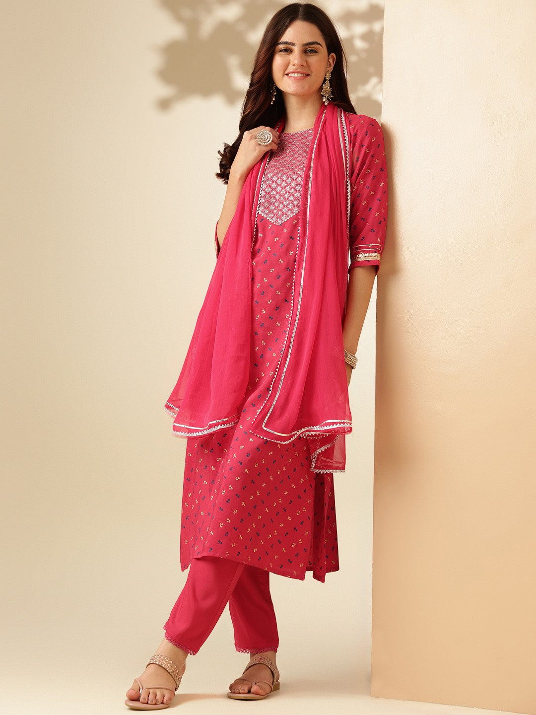 Embroidered Pink Silk Kurta Sets for Women