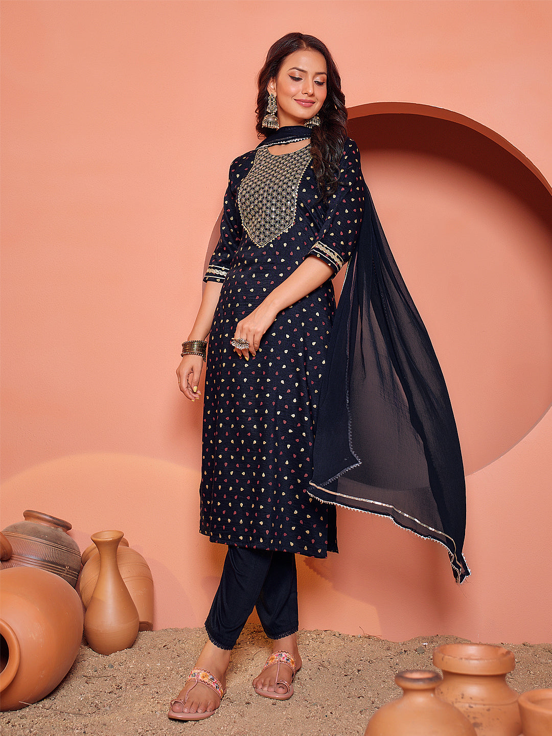 Embroidered Navy Blue Silk Kurti Pant Set with Dupatta for Women