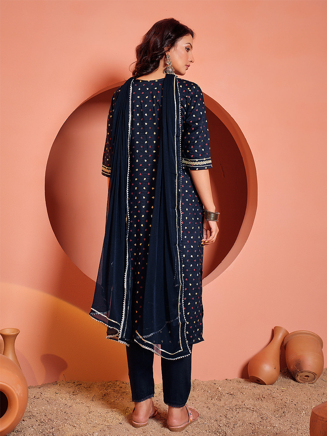 Embroidered Navy Blue Silk Kurti Pant Set with Dupatta for Women