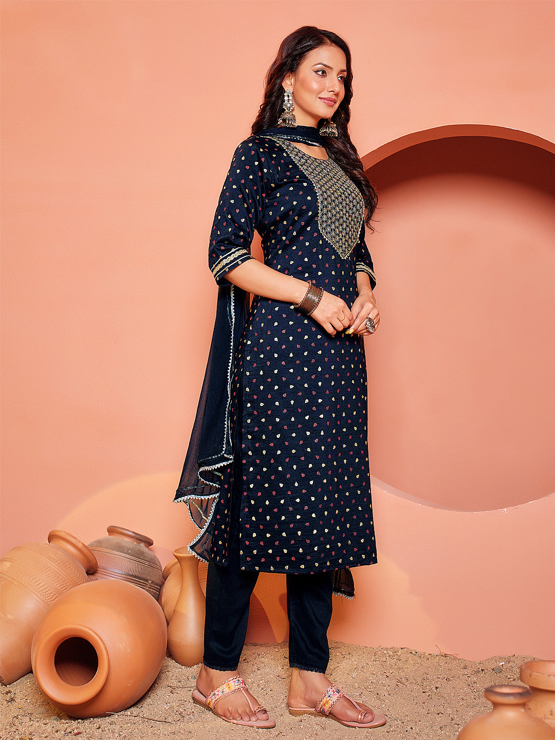 Embroidered Navy Blue Silk Kurti Pant Set with Dupatta for Women