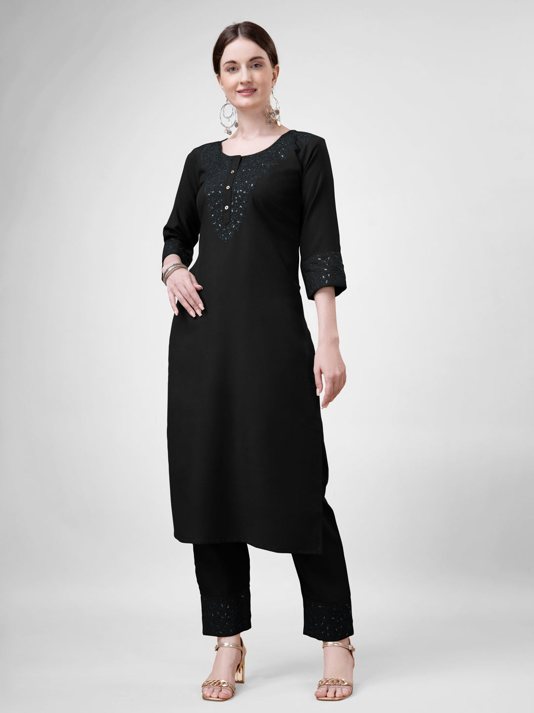 Embroidered Black Cotton Kurta Pant Sets For Women