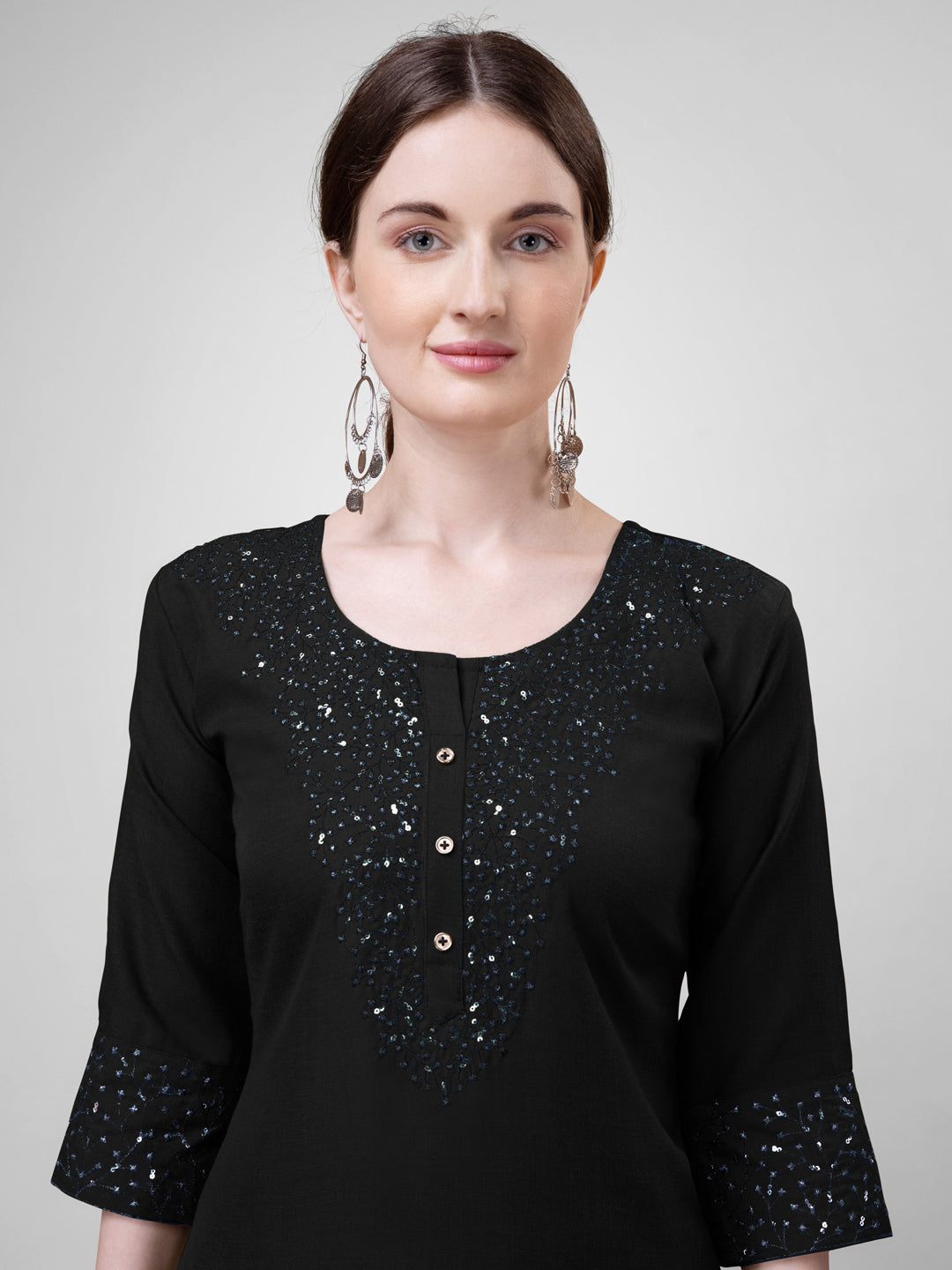 Embroidered Black Cotton Kurta Pant Sets For Women