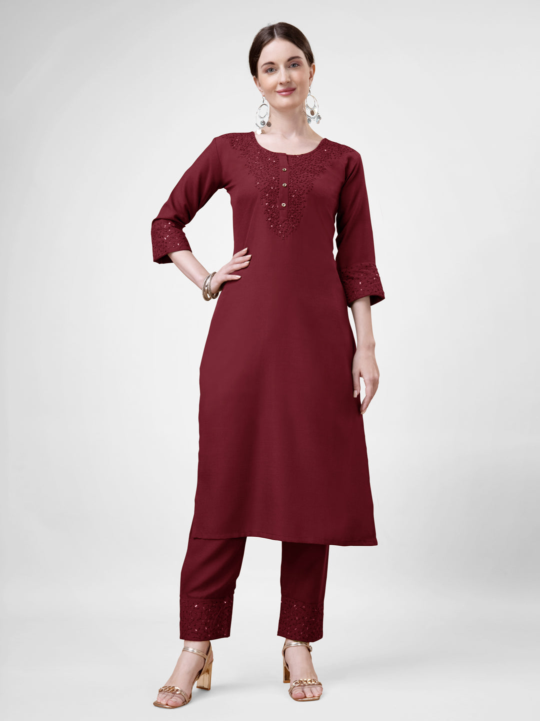 Embroidered Maroon Cotton Kurti Pant Sets For Women