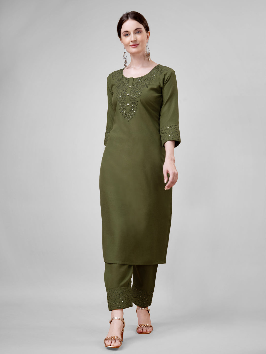 Embroidered Mehendi Green Cotton Kurti Pant Sets For Women