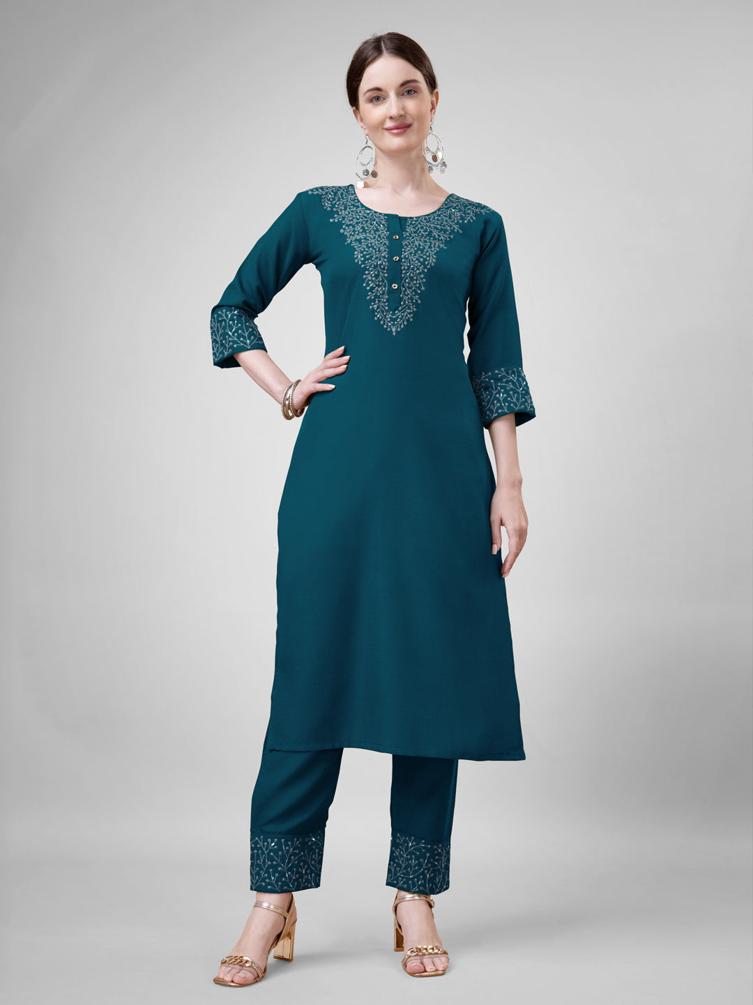 Embroidered Morpichh Blue Cotton Kurta Sets For Women