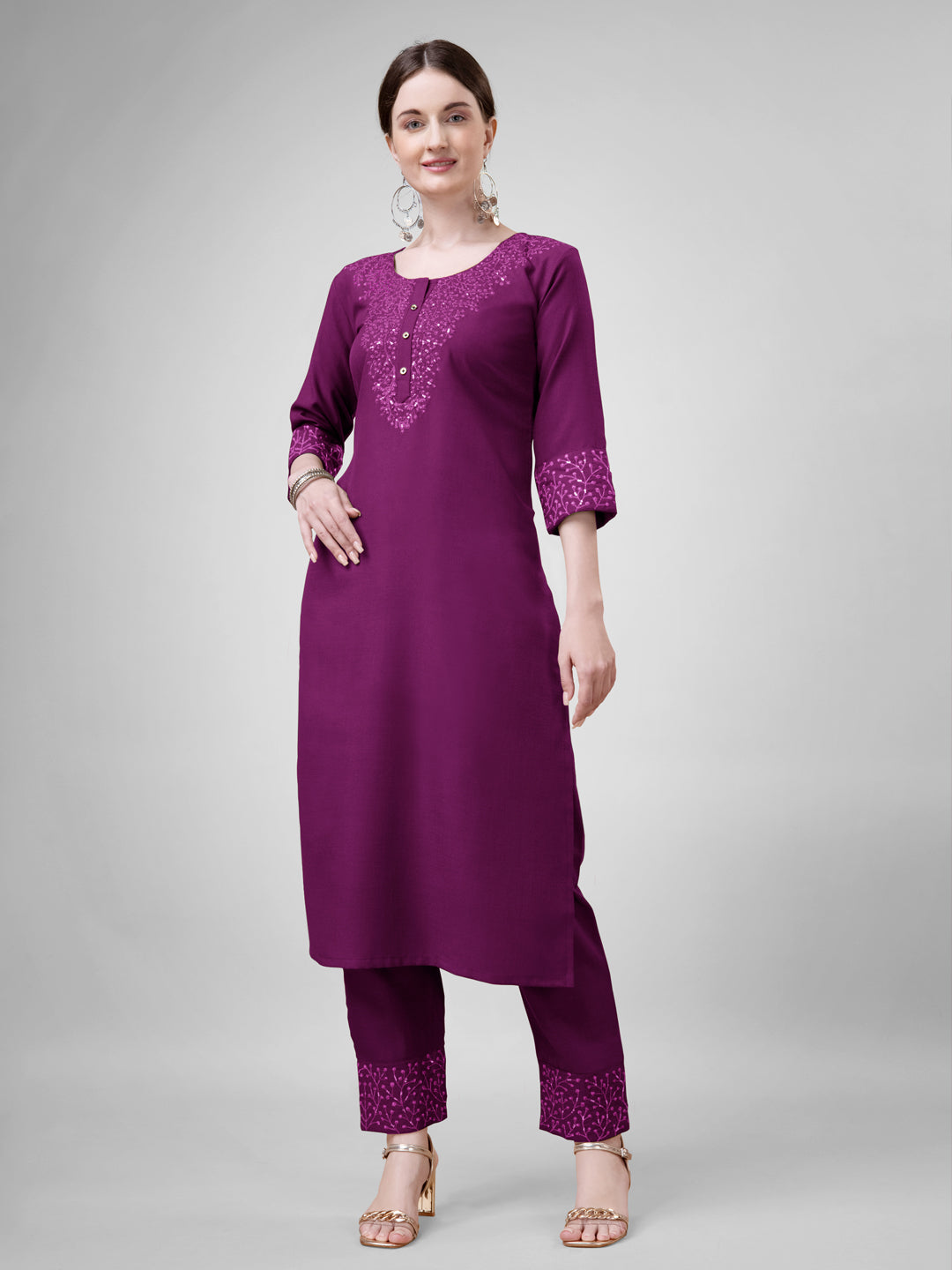 Embroidered Purple Cotton Kurta Pant Sets For Women