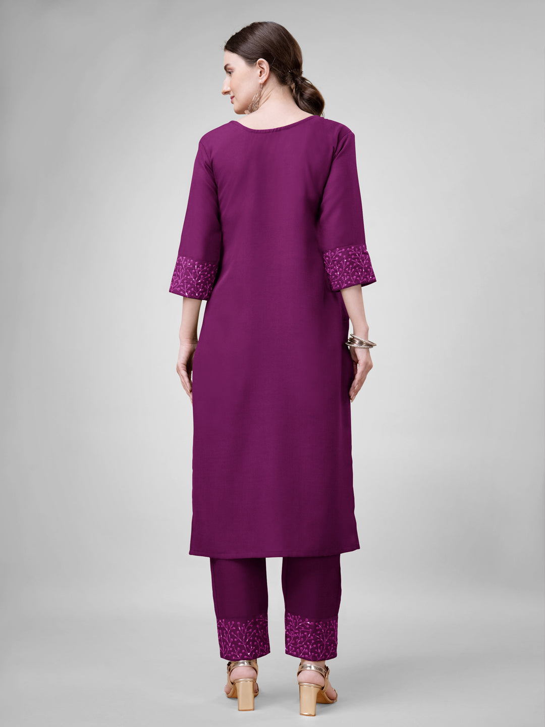 Embroidered Purple Cotton Kurta Pant Sets For Women