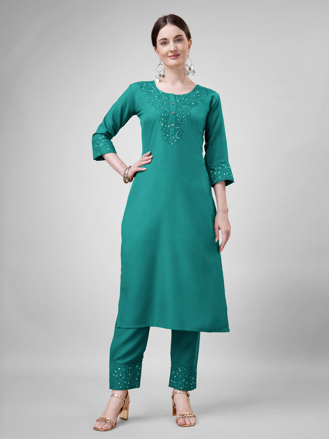 Embroidered Rama Green Cotton Kurti Pant Sets For Women