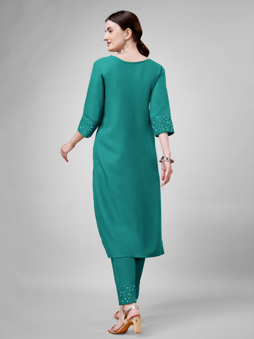 Embroidered Rama Green Cotton Kurti Pant Sets For Women