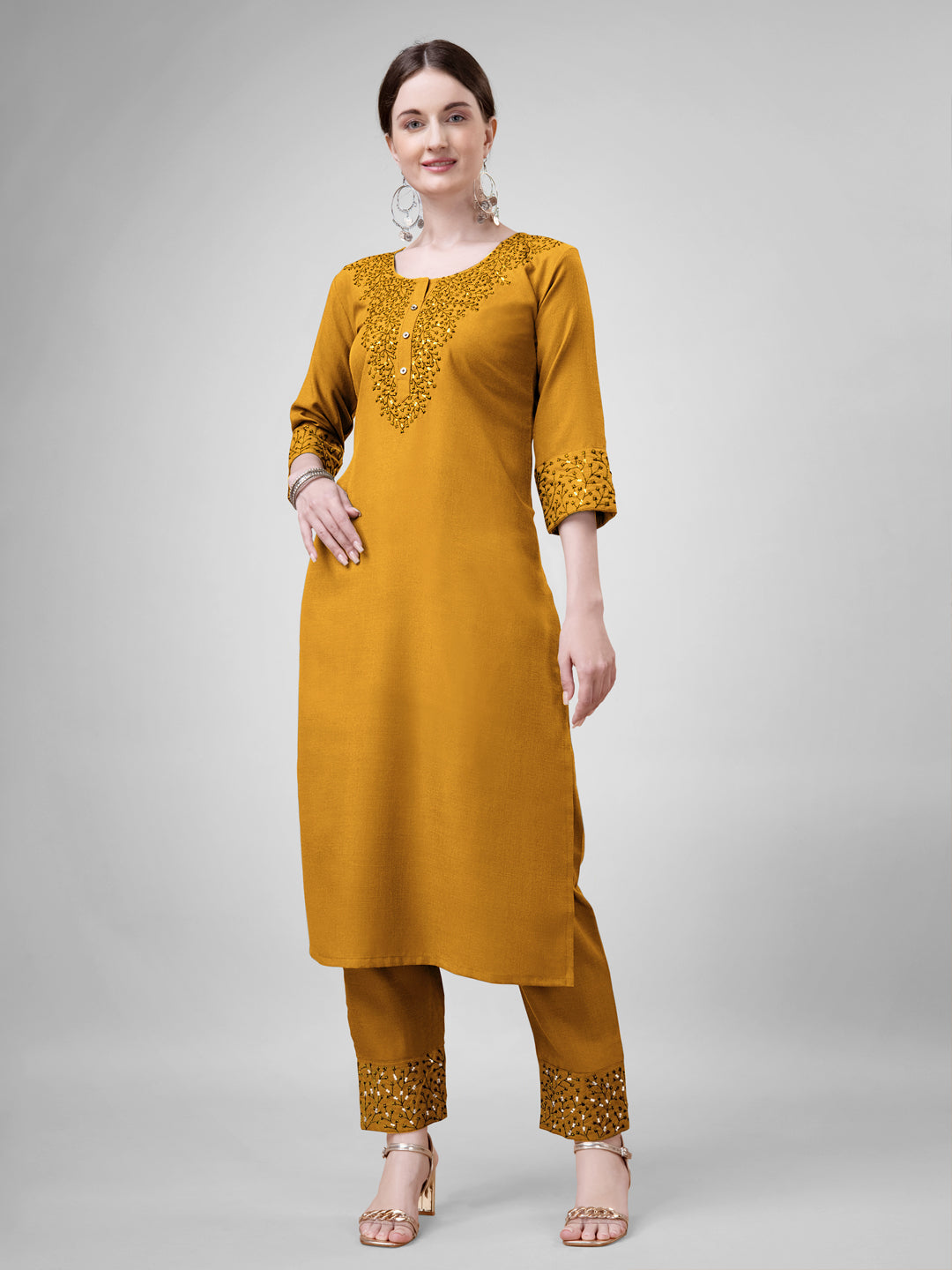 Embroidered Yellow Cotton Kurti Pant Sets For Women