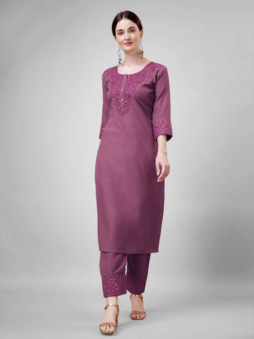 Embroidered Wine Cotton Kurta Sets For Women