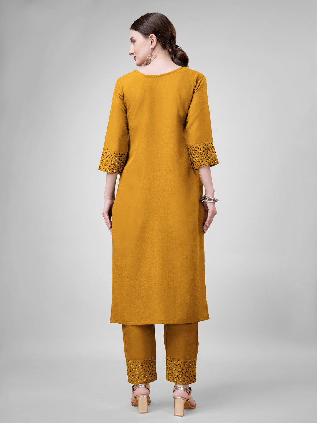 Embroidered Yellow Cotton Kurti Pant Sets For Women