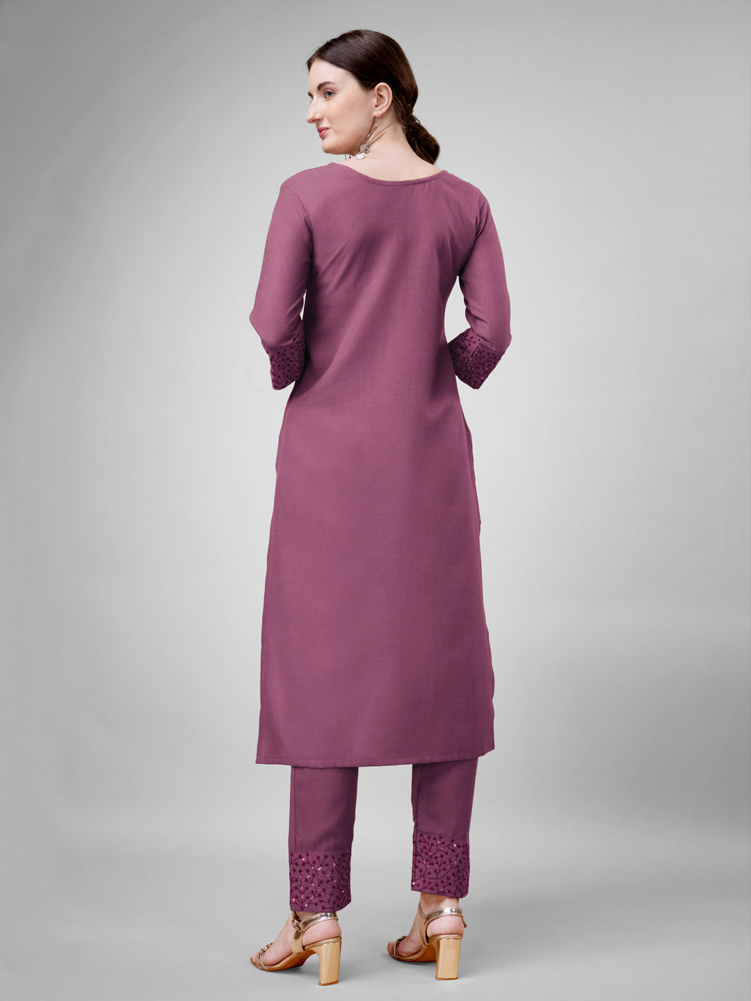 Embroidered Wine Cotton Kurta Sets For Women