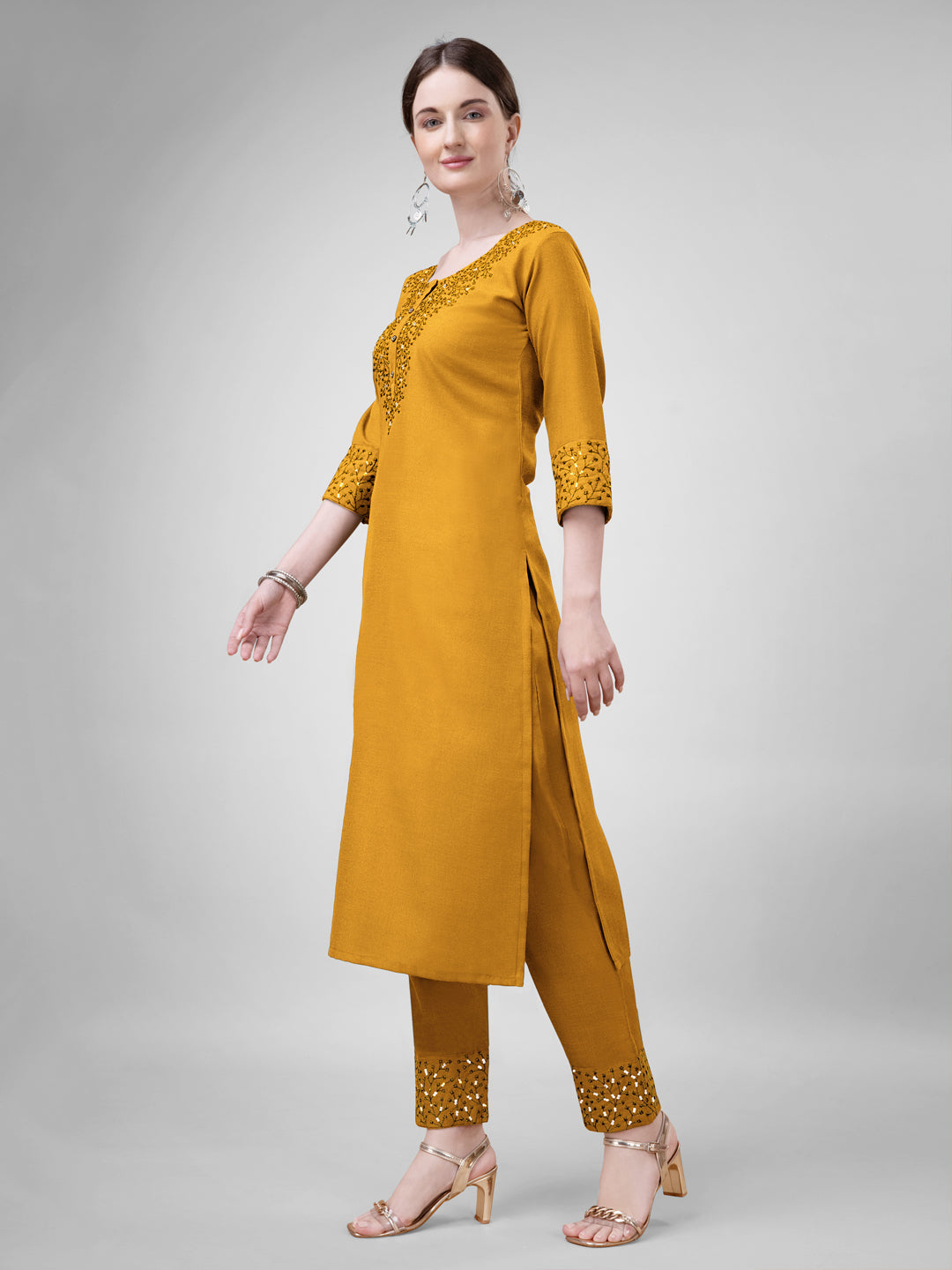 Embroidered Yellow Cotton Kurti Pant Sets For Women