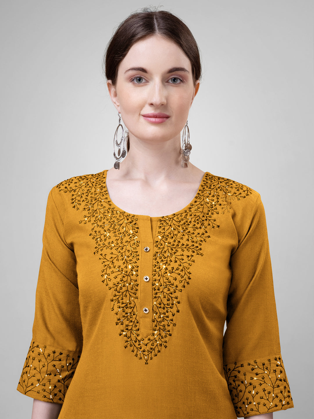 Embroidered Yellow Cotton Kurti Pant Sets For Women