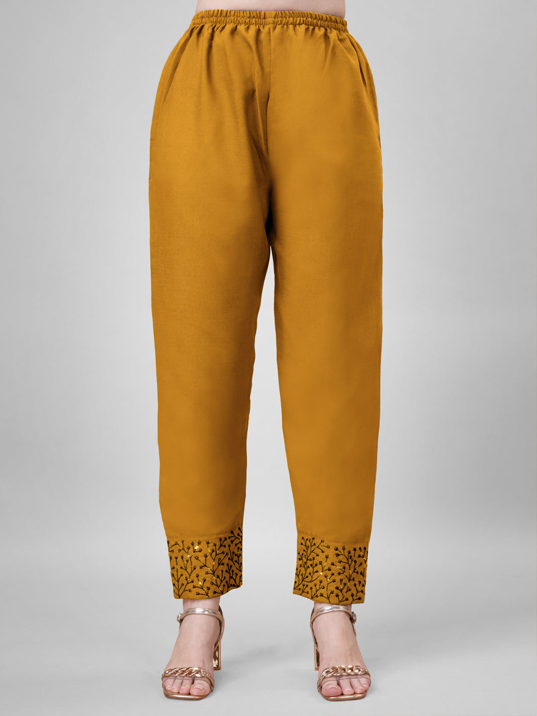 Embroidered Yellow Cotton Kurti Pant Sets For Women