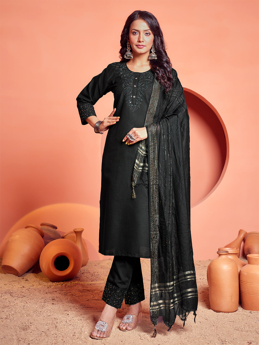 Embroidered Black Cotton Kurti Pant Set with Dupatta for Women