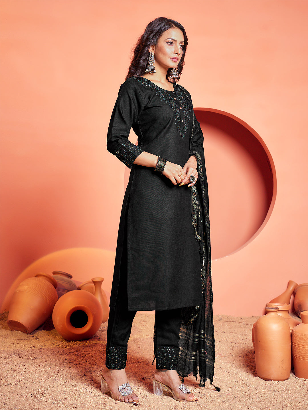 Embroidered Black Cotton Kurti Pant Set with Dupatta for Women