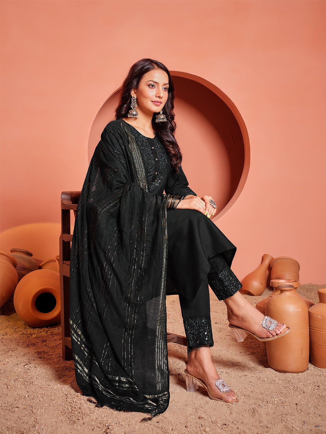 Embroidered Black Cotton Kurti Pant Set with Dupatta for Women