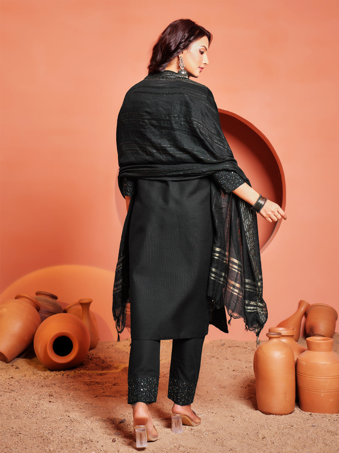 Embroidered Black Cotton Kurti Pant Set with Dupatta for Women