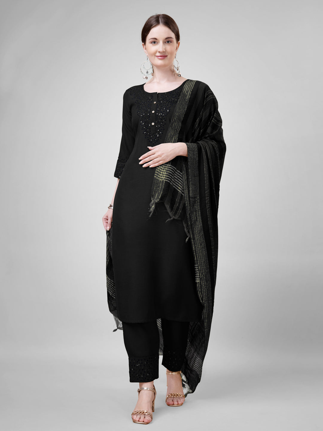 Embroidered Black Cotton Kurta Sets for Women