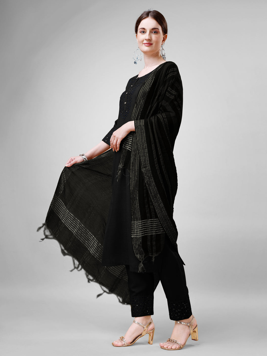 Embroidered Black Cotton Kurta Sets for Women