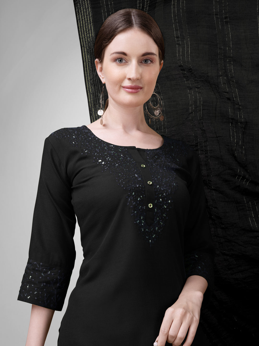 Embroidered Black Cotton Kurta Sets for Women