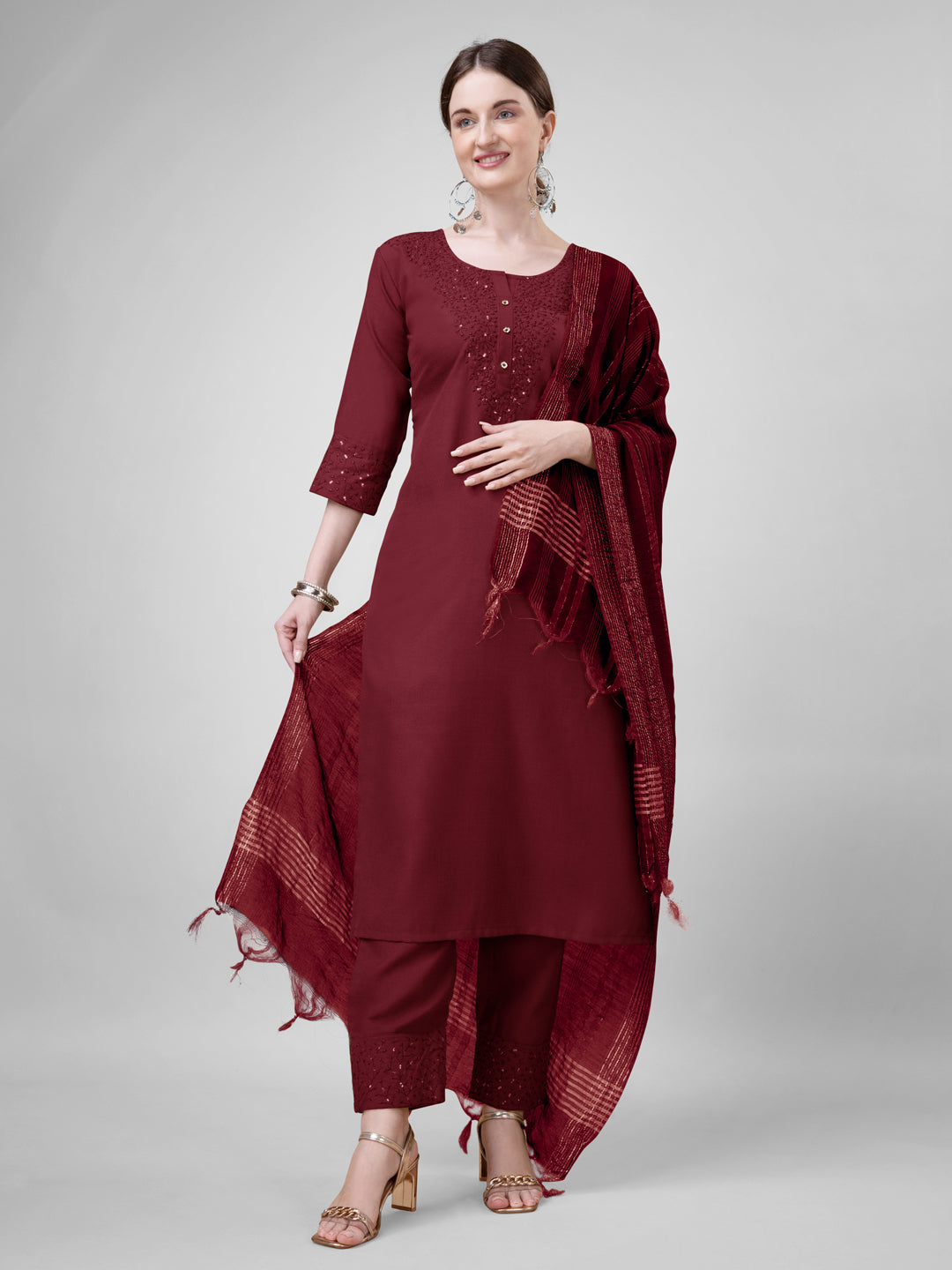 Embroidered Maroon Cotton Kurti Pant Set with Dupatta for Women