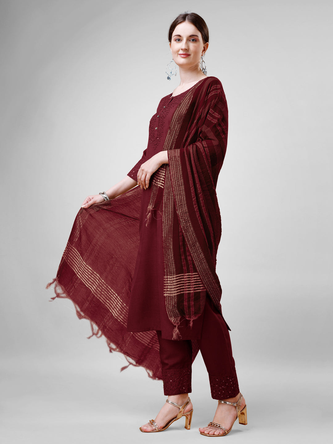 Embroidered Maroon Cotton Kurti Pant Set with Dupatta for Women