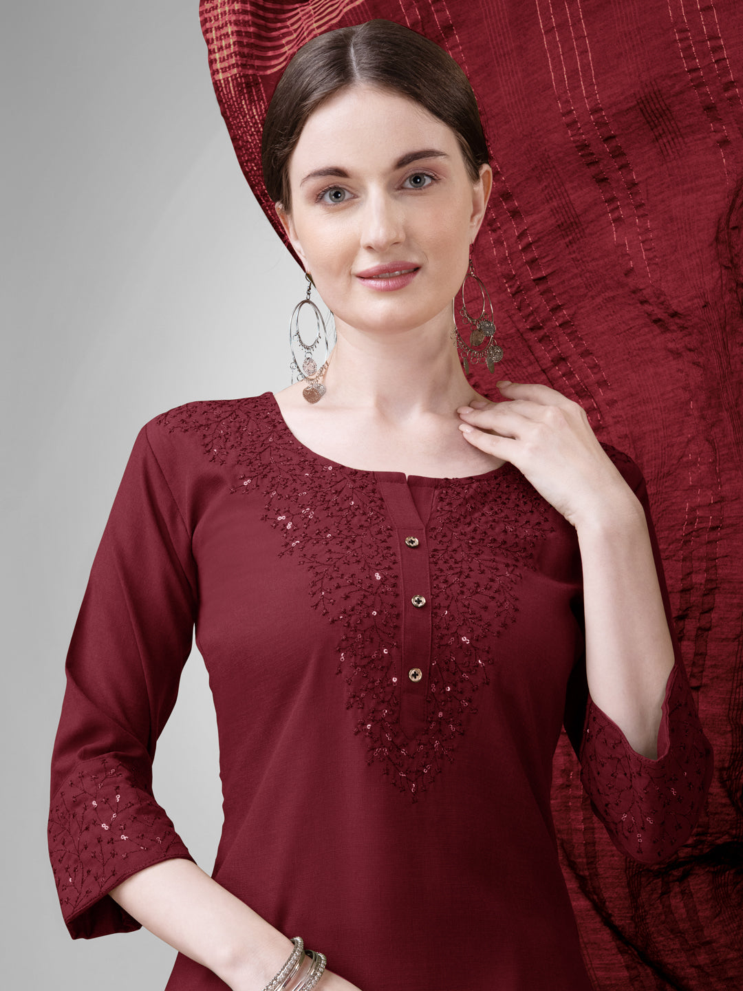 Embroidered Maroon Cotton Kurti Pant Set with Dupatta for Women