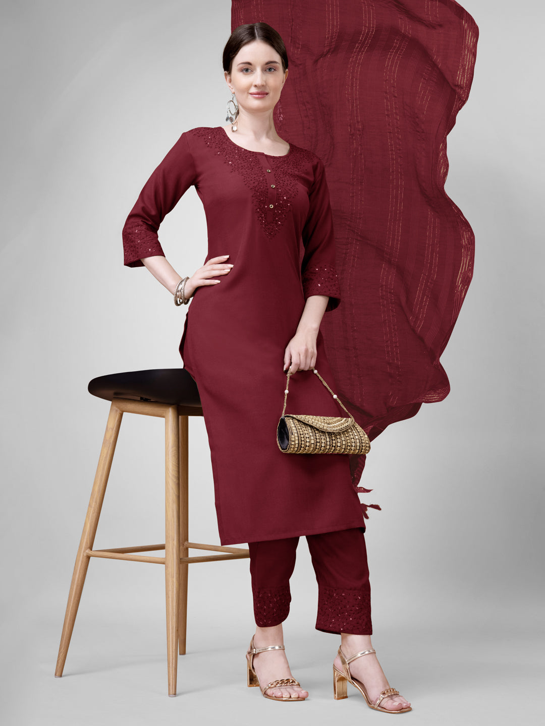 Embroidered Maroon Cotton Kurti Pant Set with Dupatta for Women