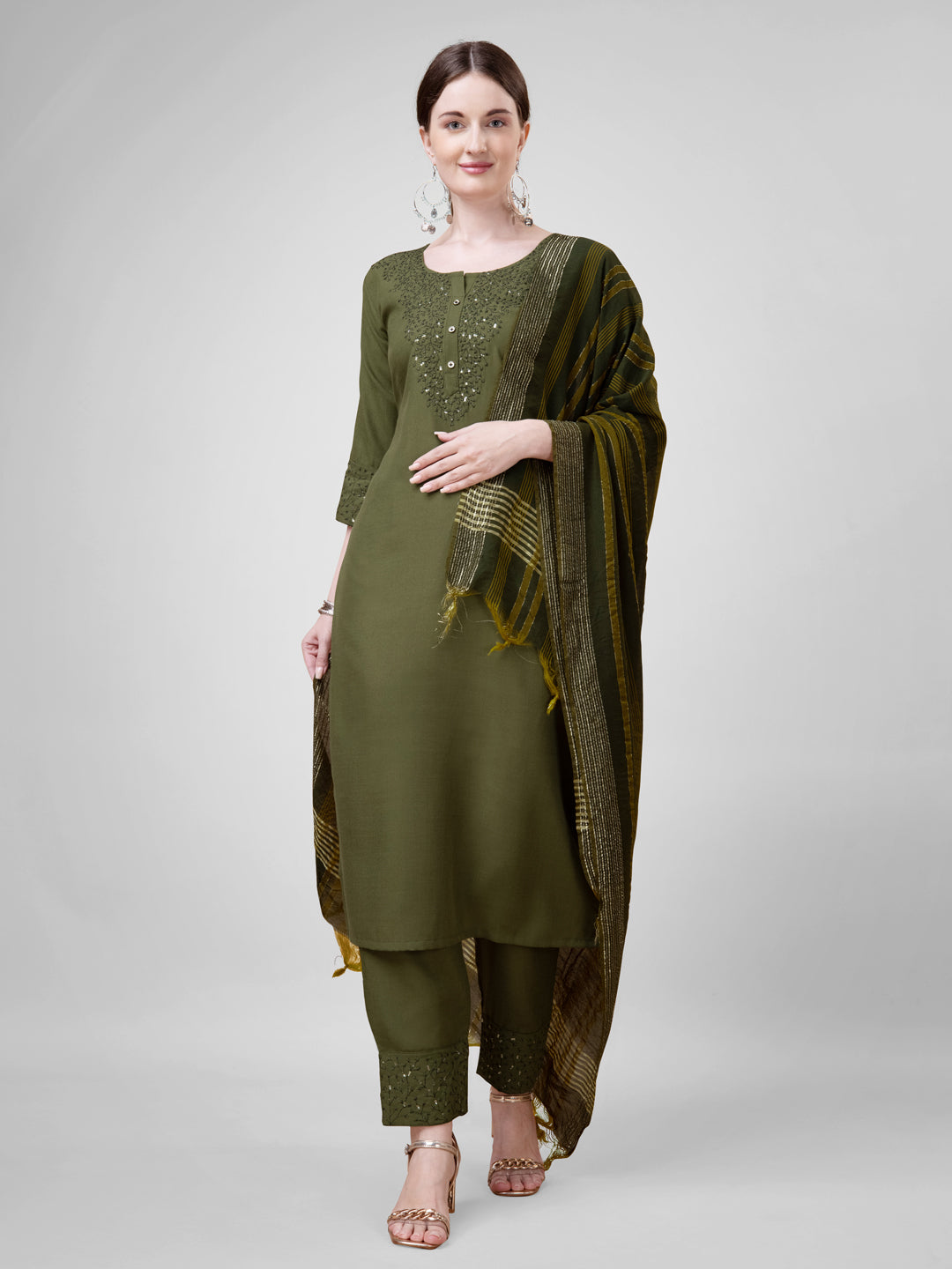 Embroidered Mehendi Green Cotton Kurta Sets for Women